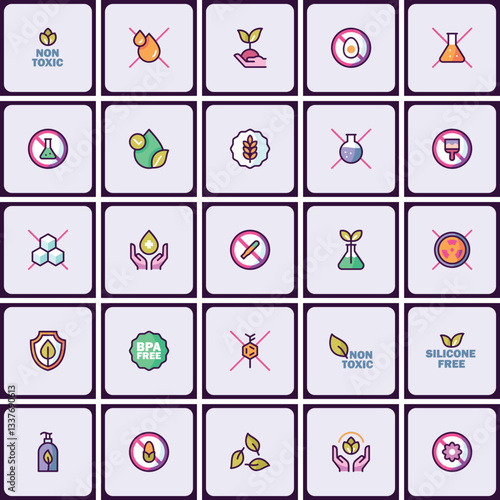 Diverse assortment of product safety and ingredient regulation vector icon set