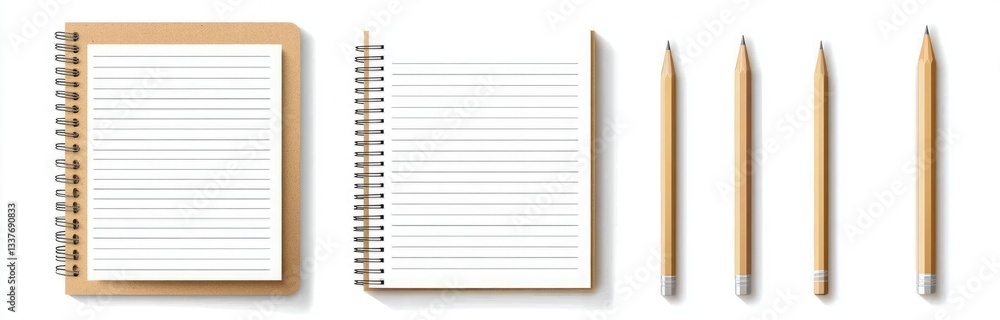 A set of three notebook and pencil mockups, each in brown kraft paper with white lined pages, presented on an isolated white background A set of three notebook and pencil mockups, each in brown kraft paper with white lined pages, presented on an isolated white background