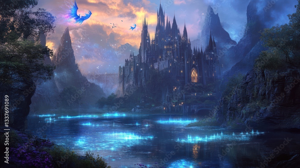 Fototapeta premium Mystical castle by a glowing lake. Dark, majestic, fantasy architecture, tranquil scene