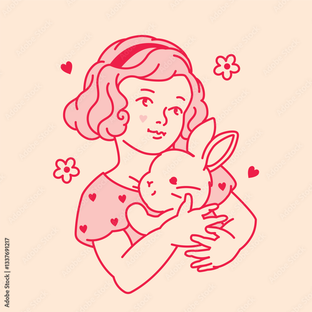 Pink tone illustration of a girl hugging a cute bunny, symbolizing love, kindness, and springtime joy. Perfect for children's prints, Easter designs, girly nursery decorations Pink tone illustration of a girl hugging a cute bunny, symbolizing love, kindness, and springtime joy. Perfect for children's prints, Easter designs, girly nursery decorations