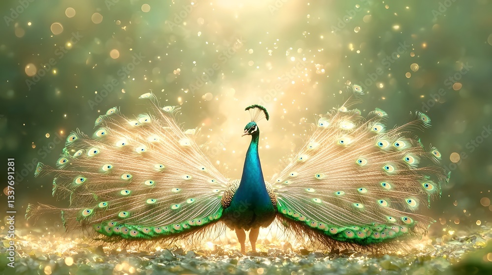 Obraz premium Stunning photograph of a peacock spreading its iridescent vibrant tail feathers in a lush green meadow the shimmering colors catching the sunlight in a captivating display of natural beauty