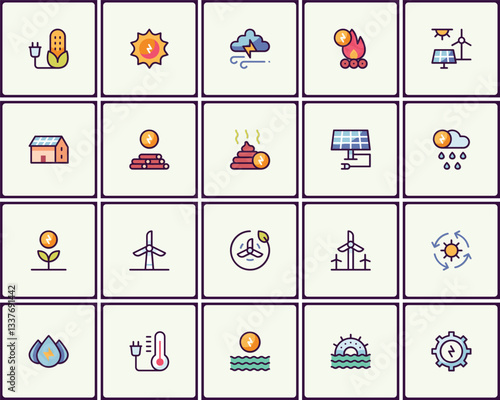 Collection of renewable energy icons depicting sustainable power sources