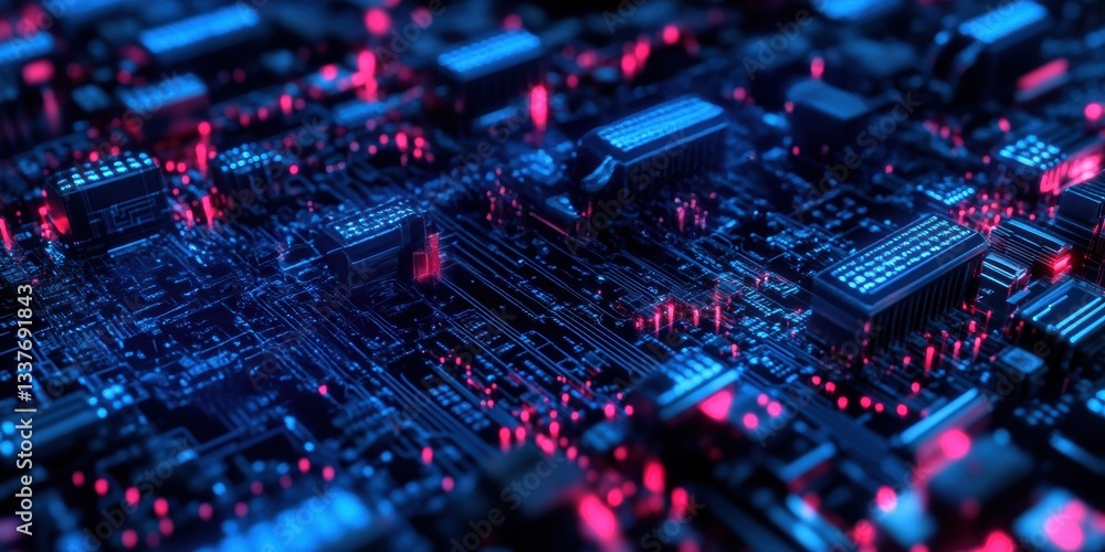 A computer chip with red and blue colors A computer chip with red and blue colors