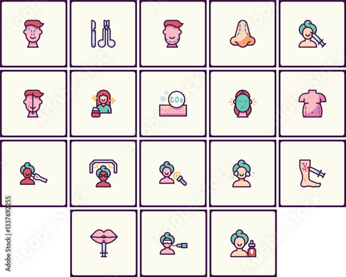 Comprehensive skincare treatment icon set featuring cosmetic procedures and enhancement