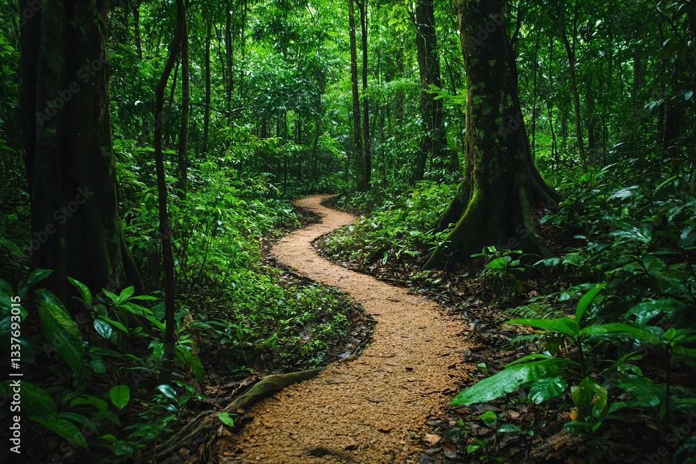 Fototapeta premium A winding forest trail weaves among lush green trees