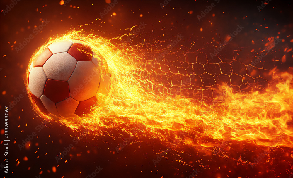 Fototapeta premium a soccer ball flies into the goal, with a fire effect in the background,