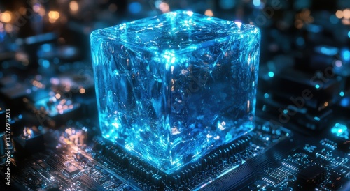 A blue cube sits on a black surface