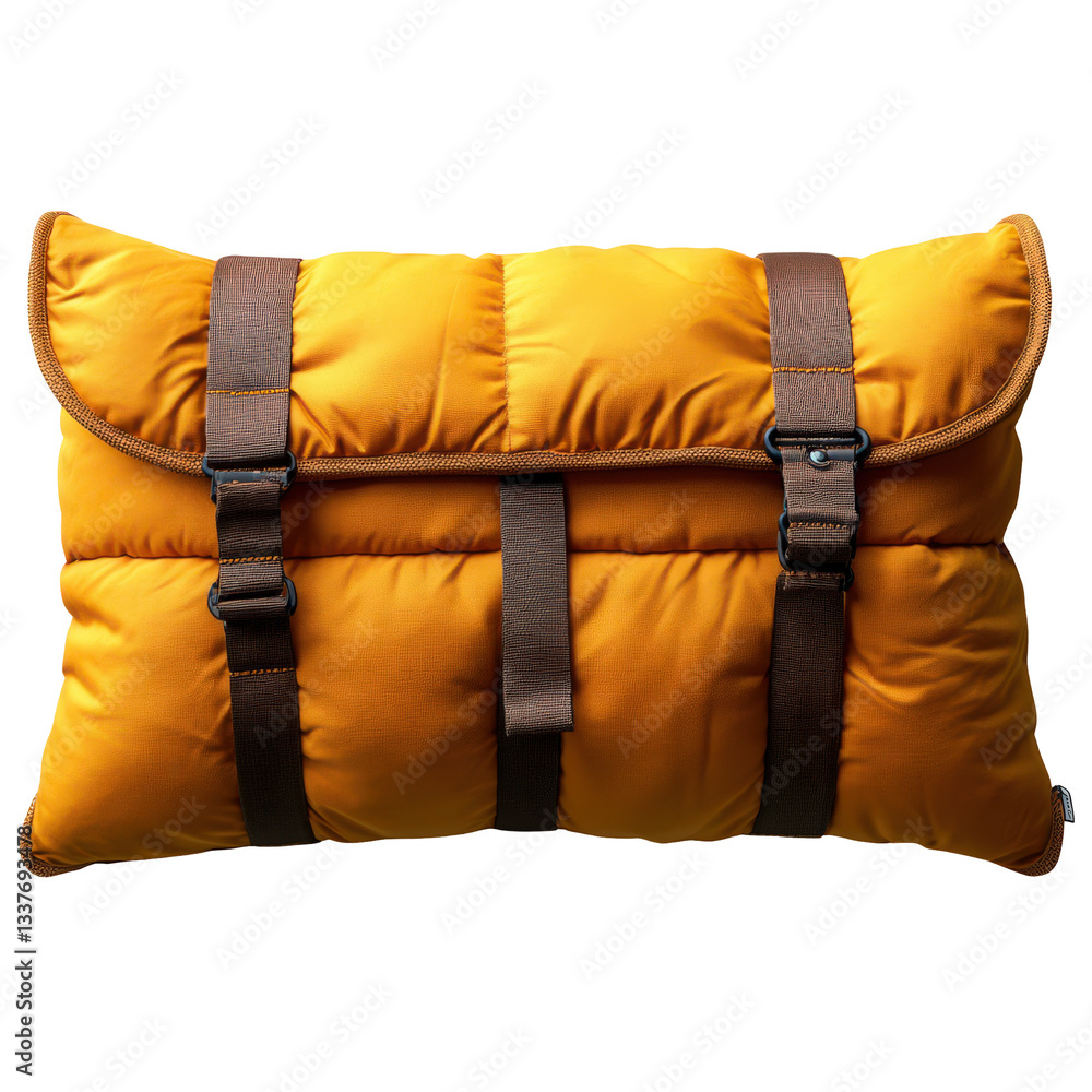 Naklejka premium Vibrant mustard color quilted pillow with dark brown straps for modern interior