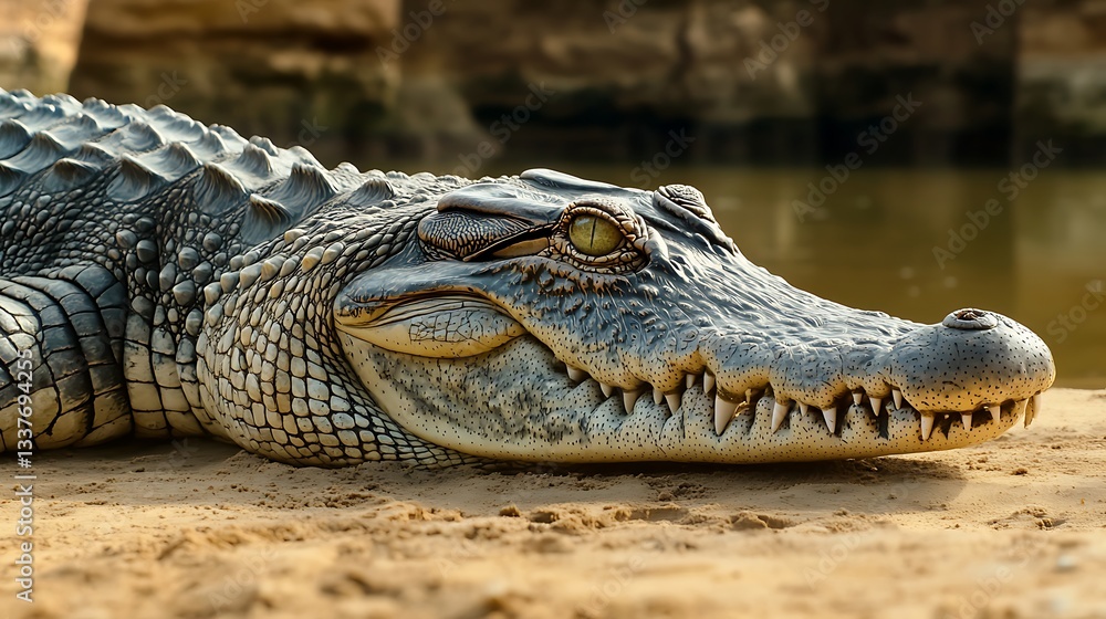Fototapeta premium Crocodile resting on sandy bank, water background, in natural habitat, wildlife observation