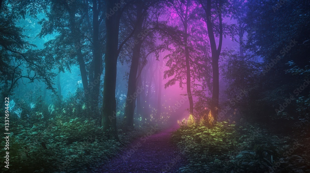 Fototapeta premium Enchanting Purple and Teal Forest Path at Night