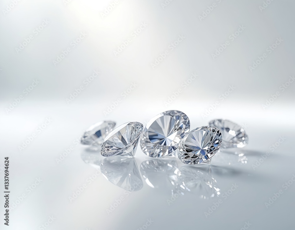 Still life with expensive cut diamonds on white reflective background. Clear round shape gems, jewelry close-up with lot of copyspace, light reflections. Luxury, wealth, brilliance. Great for product Still life with expensive cut diamonds on white reflective background. Clear round shape gems, jewelry close-up with lot of copyspace, light reflections. Luxury, wealth, brilliance. Great for product