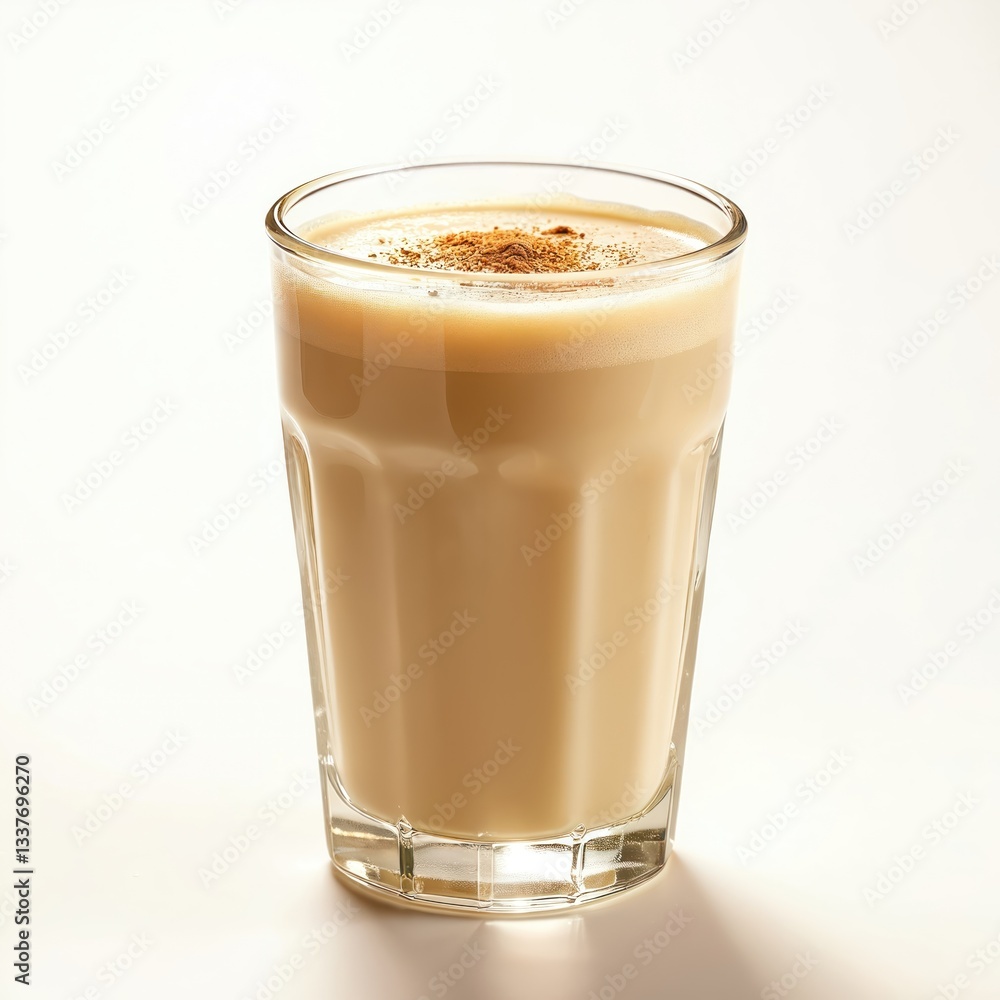Brightly lit glass of creamy eggnog with cinnamon, nutmeg. Festive holiday beverage for winter party, sweet cocktail, rich homemade drink, traditional toast, joyful garnish, seasonal cheer, served in Brightly lit glass of creamy eggnog with cinnamon, nutmeg. Festive holiday beverage for winter party, sweet cocktail, rich homemade drink, traditional toast, joyful garnish, seasonal cheer, served in