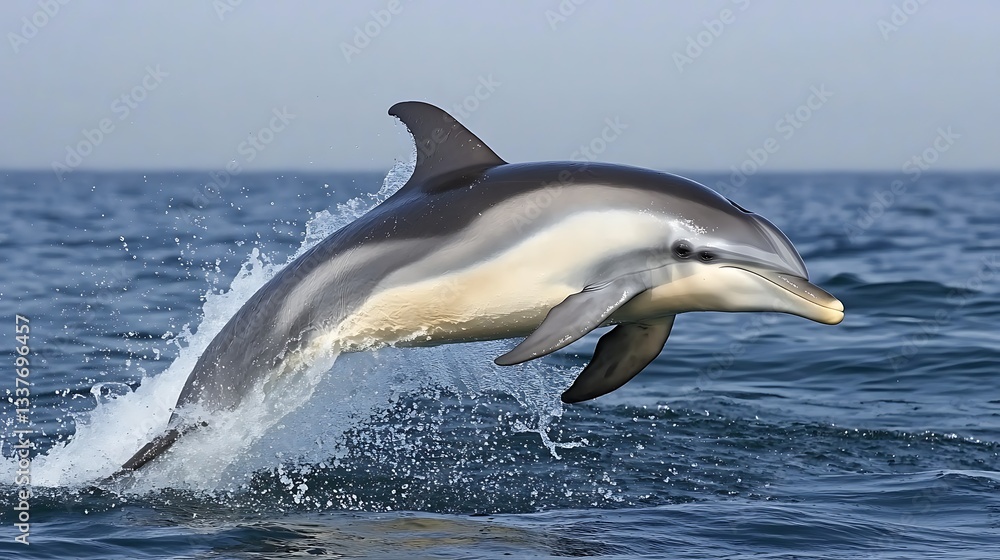 Fototapeta premium Dolphin leaping from ocean waves against a clear sky, for marine and wildlife images