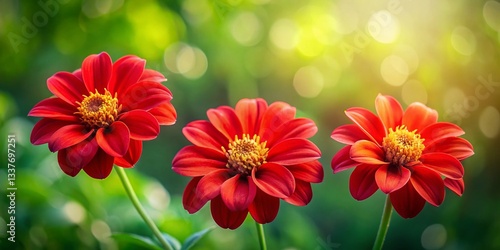 Macro Aerial View: Three Vibrant Red Flowers, Delicate Petals, Lush Green Stems
