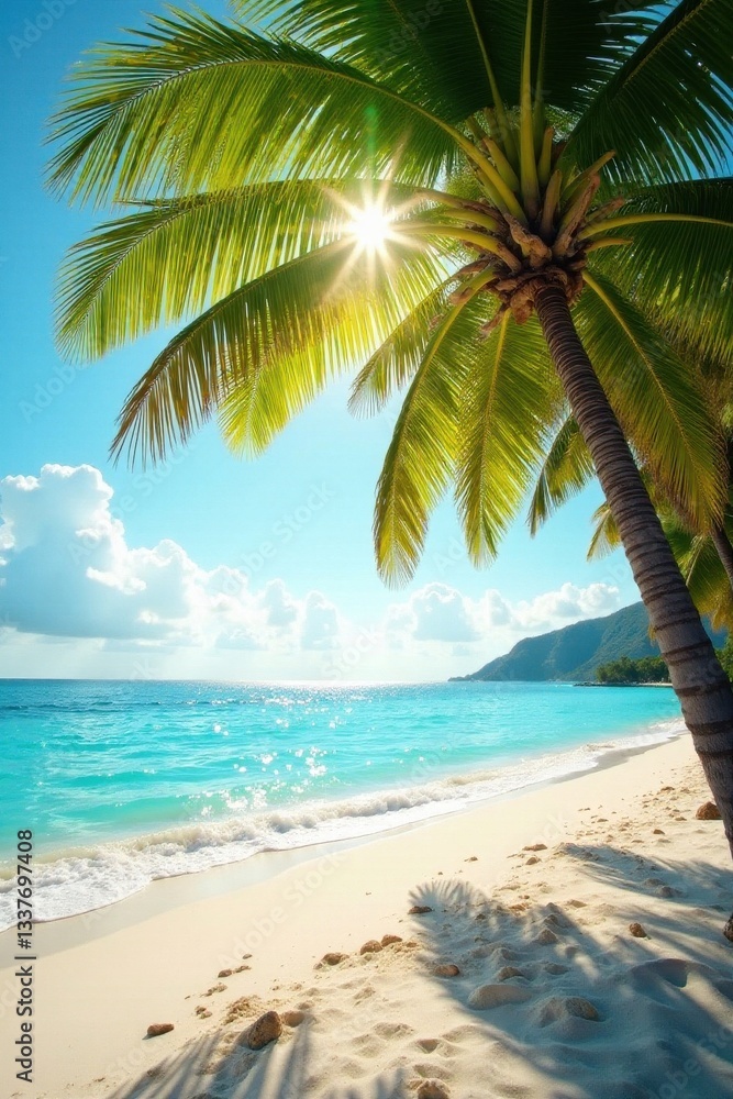 Fototapeta premium Golden sunlight filters through lush coconut palms on pristine beach, beach background, sea, summer day
