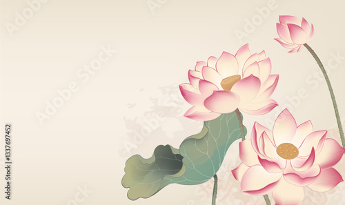 Chinese style horizontal plate illustration design hand-painted style lotus