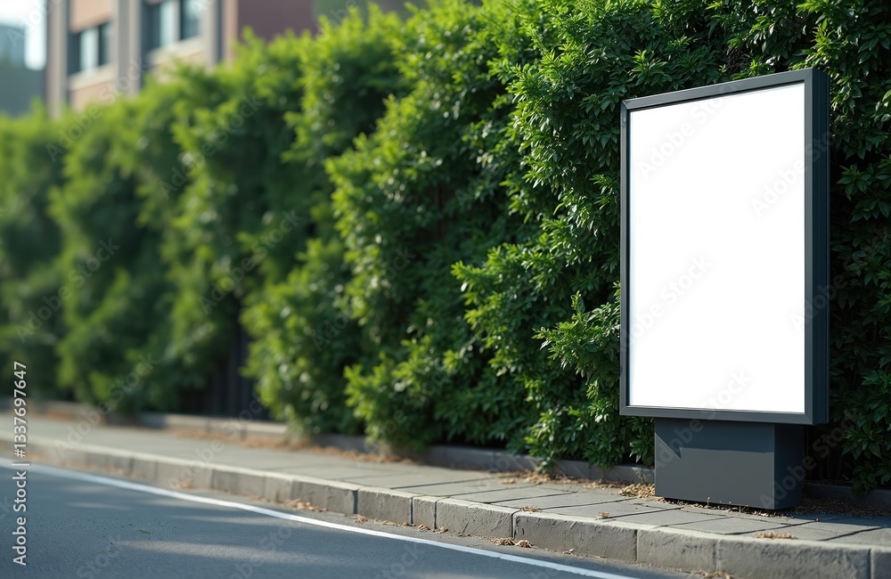 Fototapeta premium Street blank advertisement billboard with green plants backdrop. Modern public ad template, place for marketing design, commercial mockups. Empty poster, advertising banner, frame. Urban sidewalk