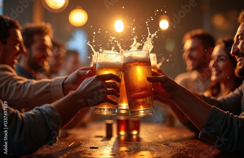Group of friends toasting beer glasses in a bar. Beer splashing mid-air emphasizes enjoying drinks with friends. Multiracial group celebrate weekend together indoor, party with alcohol beverages.