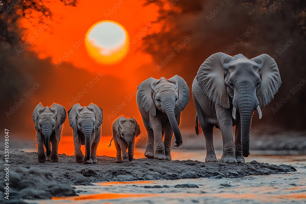 Fototapeta premium Elephants family at sunset, crossing river, African savanna, wildlife photo, nature scene