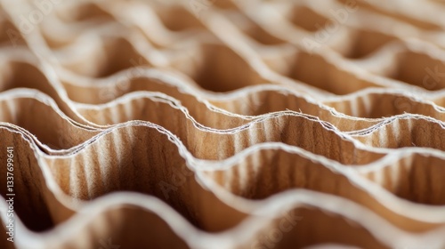 Close-up cross-section of corrugated cardboard, detailed texture, wavy fluted core, natural brown tones, high-definition macro shot, eco-friendly material, industry, packaging concept, sustainability