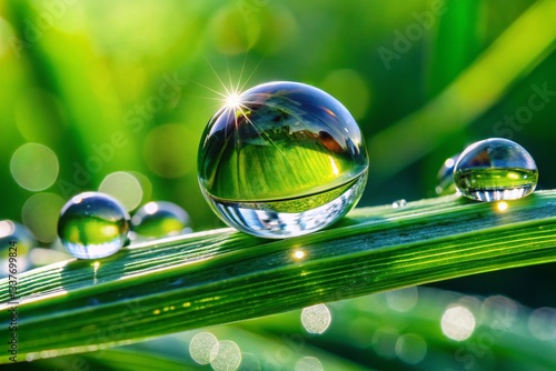 Macro Dew Drops on Vibrant Green Grass Blades - Nature Stock Photo