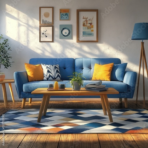 Modern, cozy living room with blue sofa,  wooden accents, and vibrant decor