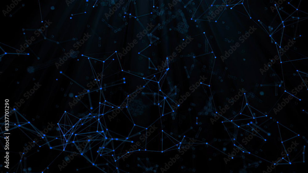 Internet of things connection science effect. Blue digital network plexus blockchain technology connecting dot network web abstract on black background