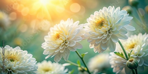 Macro Photography: Delicate White & Amber Flowers, Soft Green Background, Sunlight