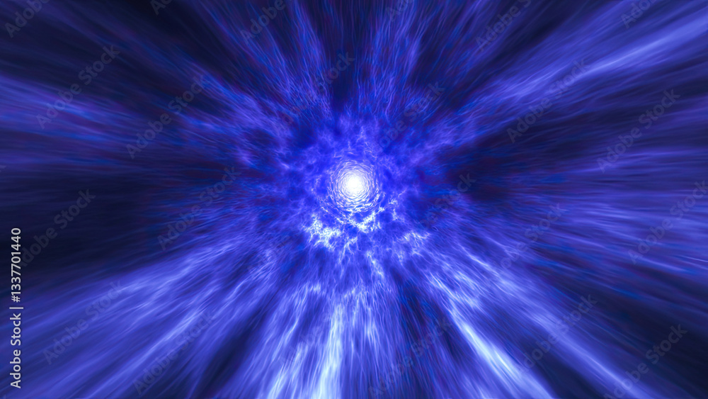 Fantastic of an astral tunnel or travel wormhole with neon lights and brights. Concept of space, energy , Abstract blue vortex time portal background.