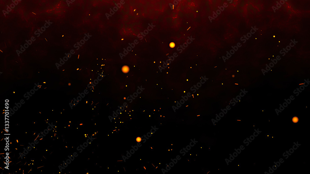 Fiery orange glowing flying ember particles on black background. Burning red hot sparks rise from light fire background of bonfire.