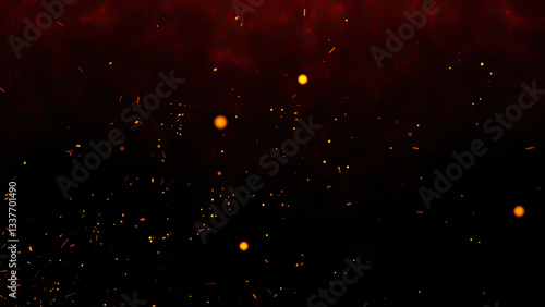 Obraz na płótnie Fiery orange glowing flying ember particles on black background. Burning red hot sparks rise from light fire background of bonfire. w salonie