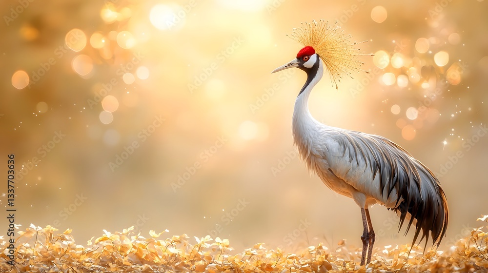 Fototapeta premium Stunning Crowned Crane Majestically Standing in the Sunlit Savanna Its Golden Feathered Crown Glowing with a Radiant Shine