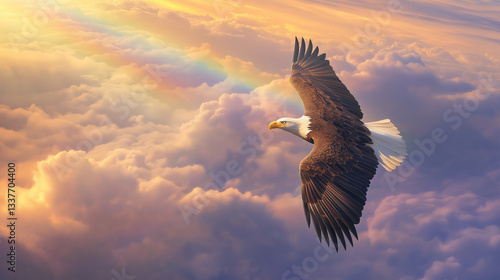 eagle flying above the clouds with sunlight and rainbow view