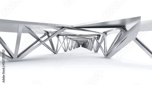 The image presents a digital rendering of a long, narrow metallic structure. The structure is composed of repeating triangular elements arranged in a linear fashion, creating a sense of depth and
