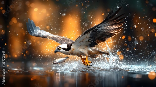 Majestic Osprey Diving Towards the Water to Catch Its Prey Its Powerful Talons Outstretched as It Prepares to Snatch a Fish from the Surface Dramatic Nature Photography with Copy Space