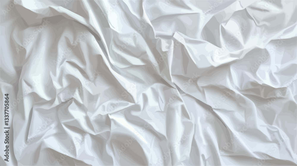 High-angle, close-up view of a crumpled white fabric. The image shows various folds and creases in the fabric, creating a textured surface. The lighting is even, resulting in a predominantly High-angle, close-up view of a crumpled white fabric. The image shows various folds and creases in the fabric, creating a textured surface. The lighting is even, resulting in a predominantly