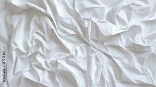 High-angle, close-up view of a crumpled white fabric. The image shows various folds and creases in the fabric, creating a textured surface.  The lighting is even, resulting in a predominantly