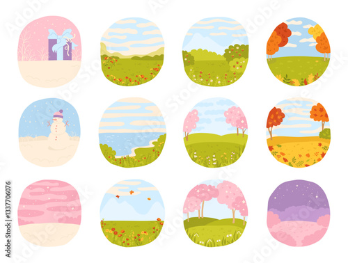 Four seasons of nature set round shape illustration for calendar. Simple stylized flat design winter, spring, summer and autumn landscapes poster backgrounds. Vector cartoon illustration for children