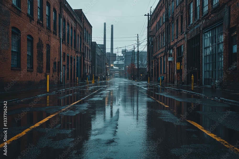Naklejka premium Wet city street captured between industrial brick buildings on a cloudy day