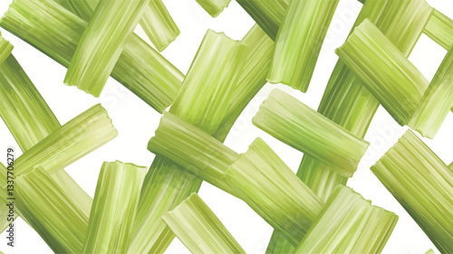 Close-up overhead shot of multiple pale green celery sticks arranged in an overlapping, repeating pattern against a pure white background. The image is brightly lit and shows the celery's texture