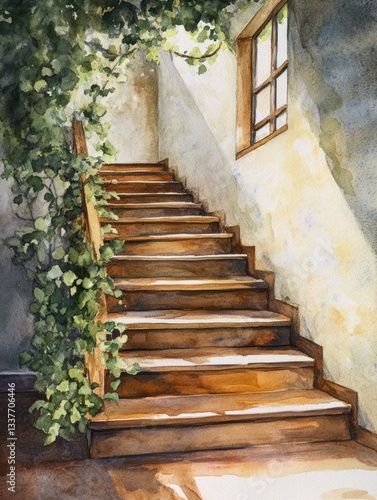 Sunlight streams down a wooden staircase, adorned with greenery