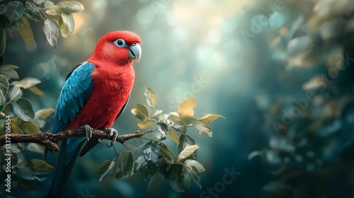 Wallpaper Mural Vibrant Crimson Rosella Parrot Perched on Branch High Up in the Misty Australian Mountains Its Red and Blue Feathers Standing Out Beautifully Against the Scenic Landscape Torontodigital.ca