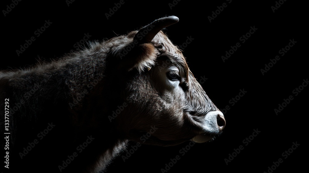 Fototapeta premium Profile of a cow illuminated against a dark backdrop