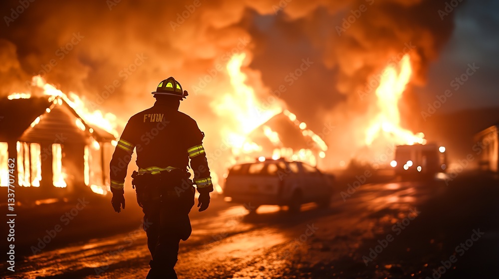 Firefighter battles raging flames in residential area during night emergency response Firefighter battles raging flames in residential area during night emergency response