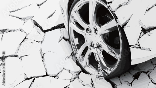 Close-up, monochrome image of a car wheel partially submerged in a cracked, dry surface. The wheel is metallic with a multi-spoke design. The cracked surface is predominantly white with deep