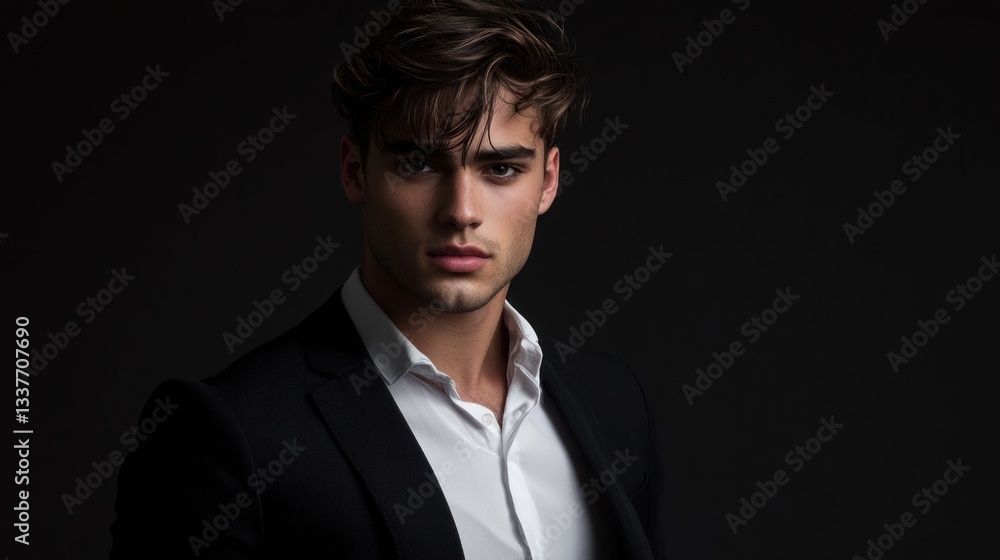 Obraz premium Young man in formal attire against dark backdrop