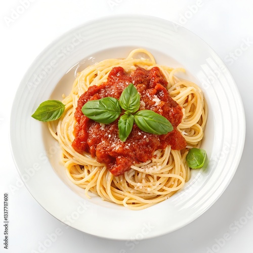 A plate of steaming spaghetti pasta topped with vibrant red tomato sauce and garnished with fresh green basil served on a white plate with a completely white background.