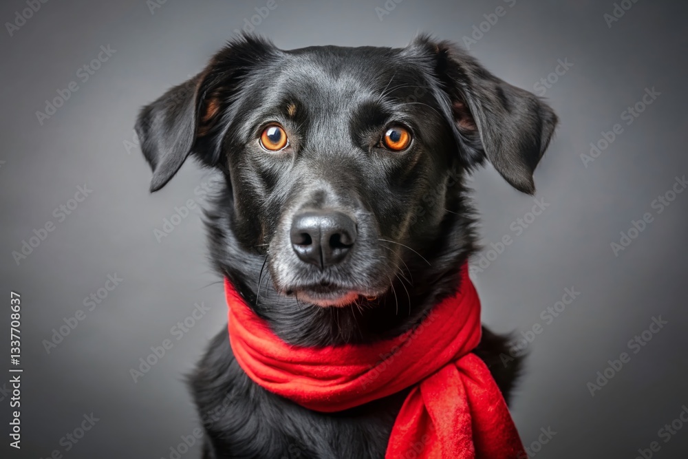 Majestic Black Dog with Golden Eyes, Red Scarf - Studio Portrait Majestic Black Dog with Golden Eyes, Red Scarf - Studio Portrait