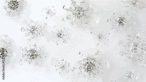 High-angle, close-up view of numerous small, silver, spray-like elements scattered across a white background. The elements have a slightly transparent quality and appear to be metallic or sparkly.
