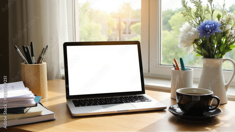 Fototapeta premium Cozy workspace with laptop, bright natural light, potted plants, inviting atmosphere, perfect for remote work or studying.